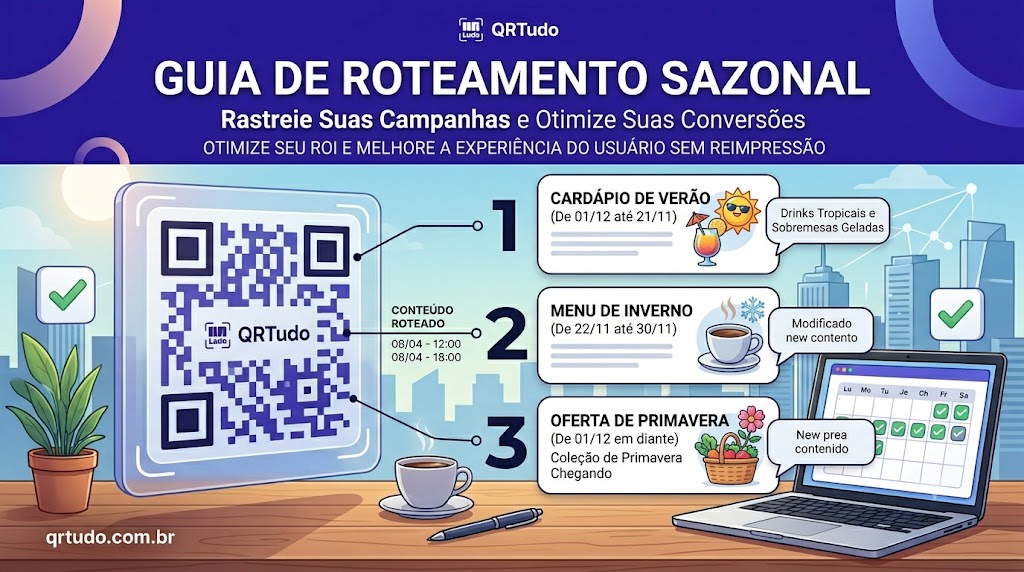 Guia de roteamento sazonal com QR Codes: um único código alterna automaticamente entre cardápio de verão, menu de inverno e oferta de primavera sem reimprimir materiais