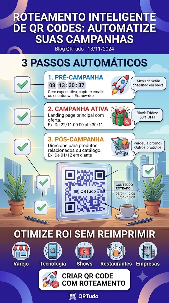 3 passos automáticos do roteamento inteligente de QR Codes para varejo, tecnologia, shows, restaurantes e empresas — otimize ROI sem reimprimir